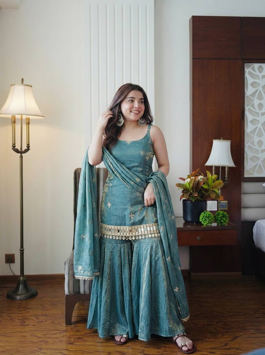 Women’s Mirror Embroidered Kurta Palazzo Set with Dupatta – Elegant Party Wear