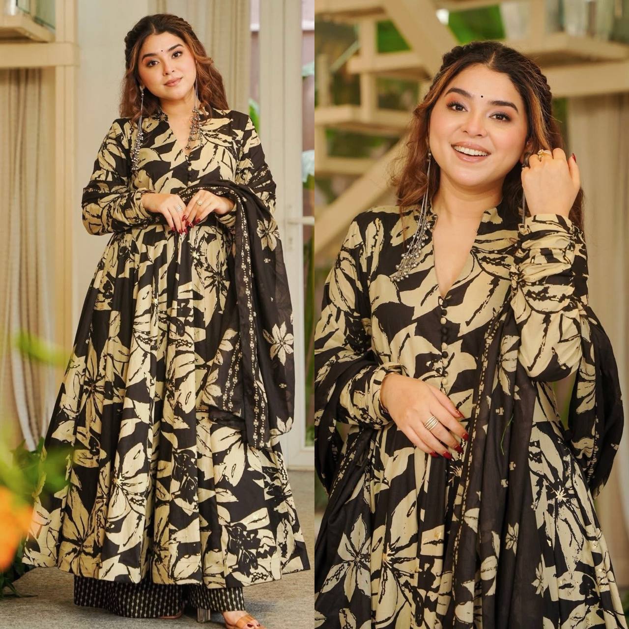 Black And Beige Floral Printed Anarkali Suit With Dupatta