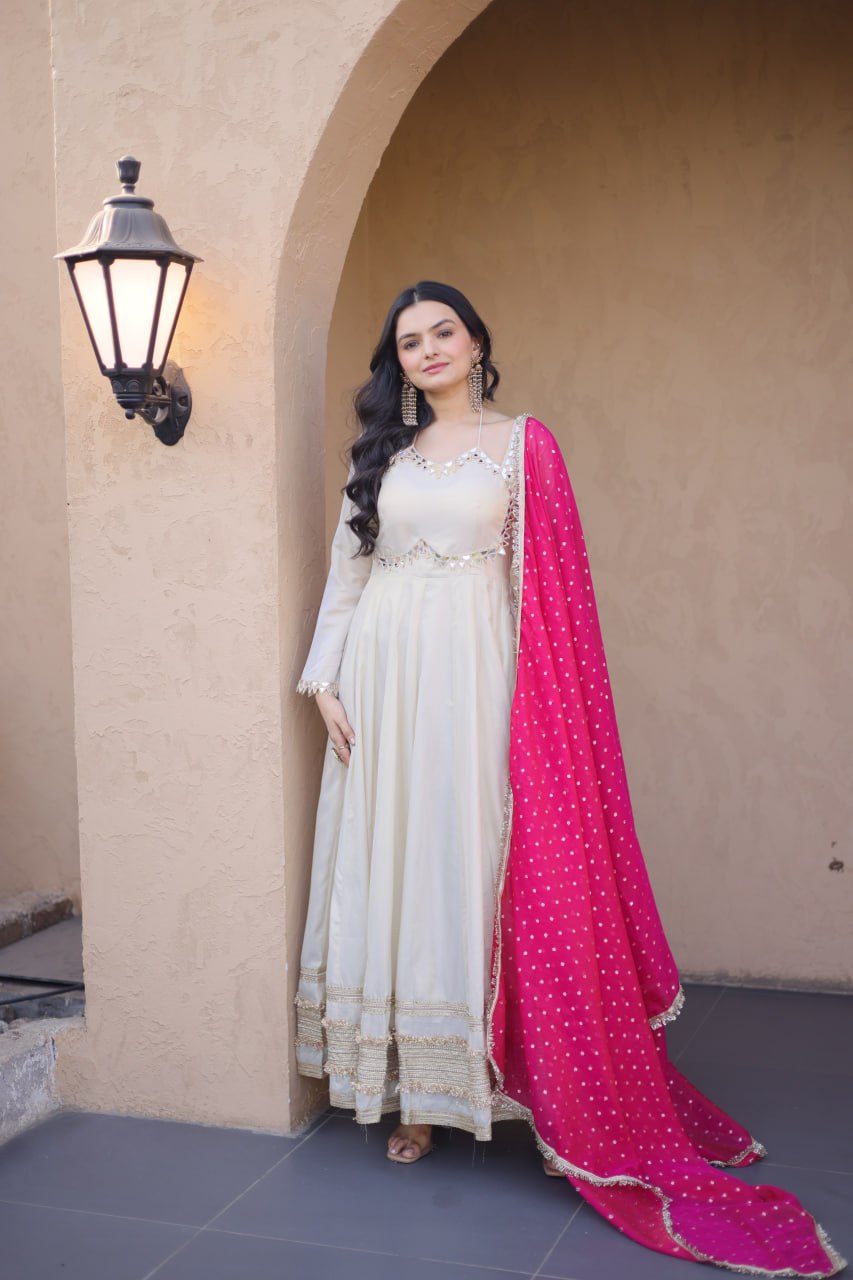 readymade cosmos with mirror work wholesale gown with dupatta