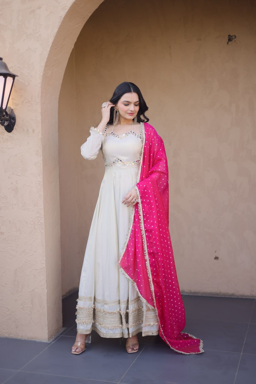 readymade cosmos with mirror work wholesale gown with dupatta