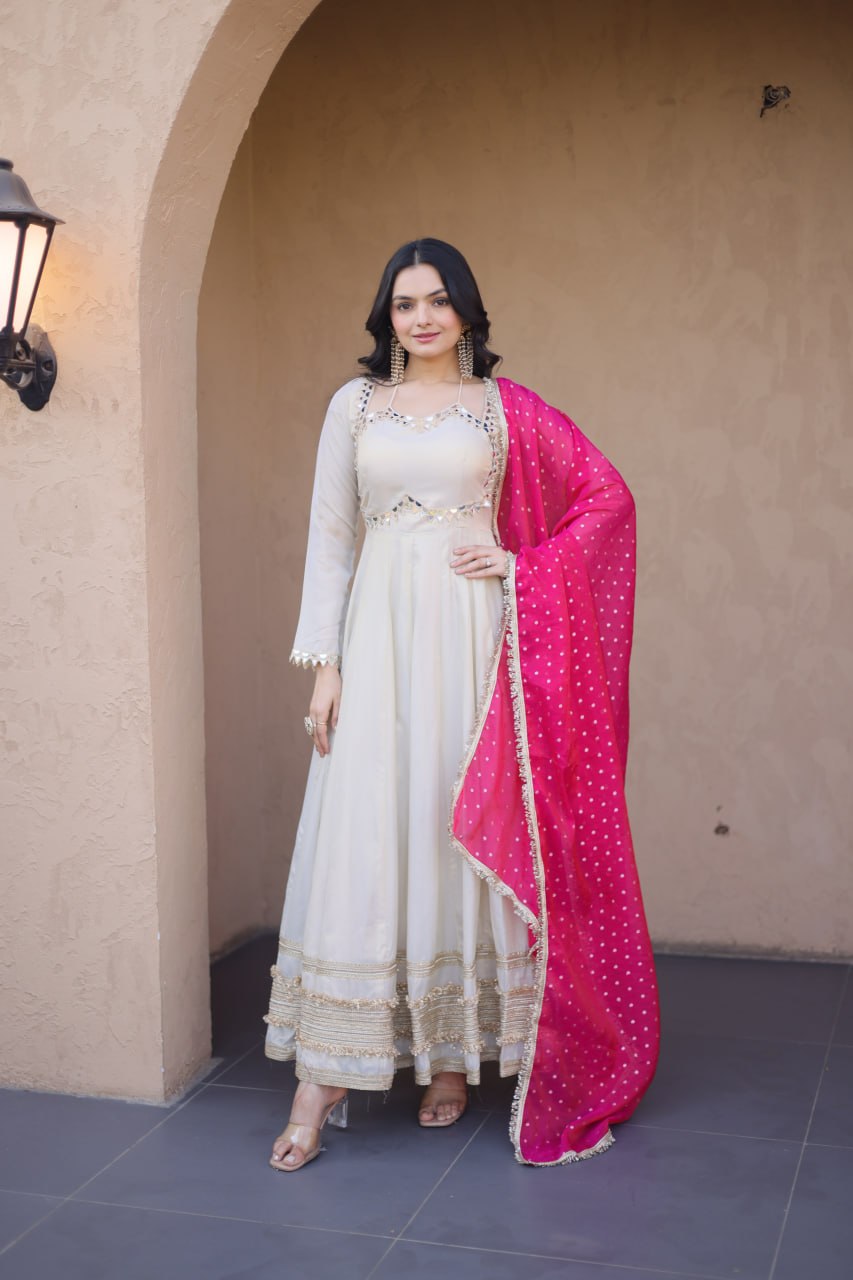 readymade cosmos with mirror work wholesale gown with dupatta
