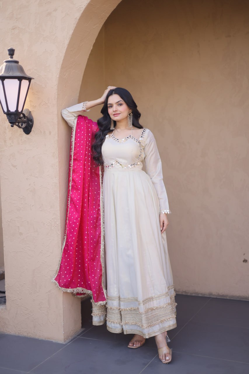 readymade cosmos with mirror work wholesale gown with dupatta