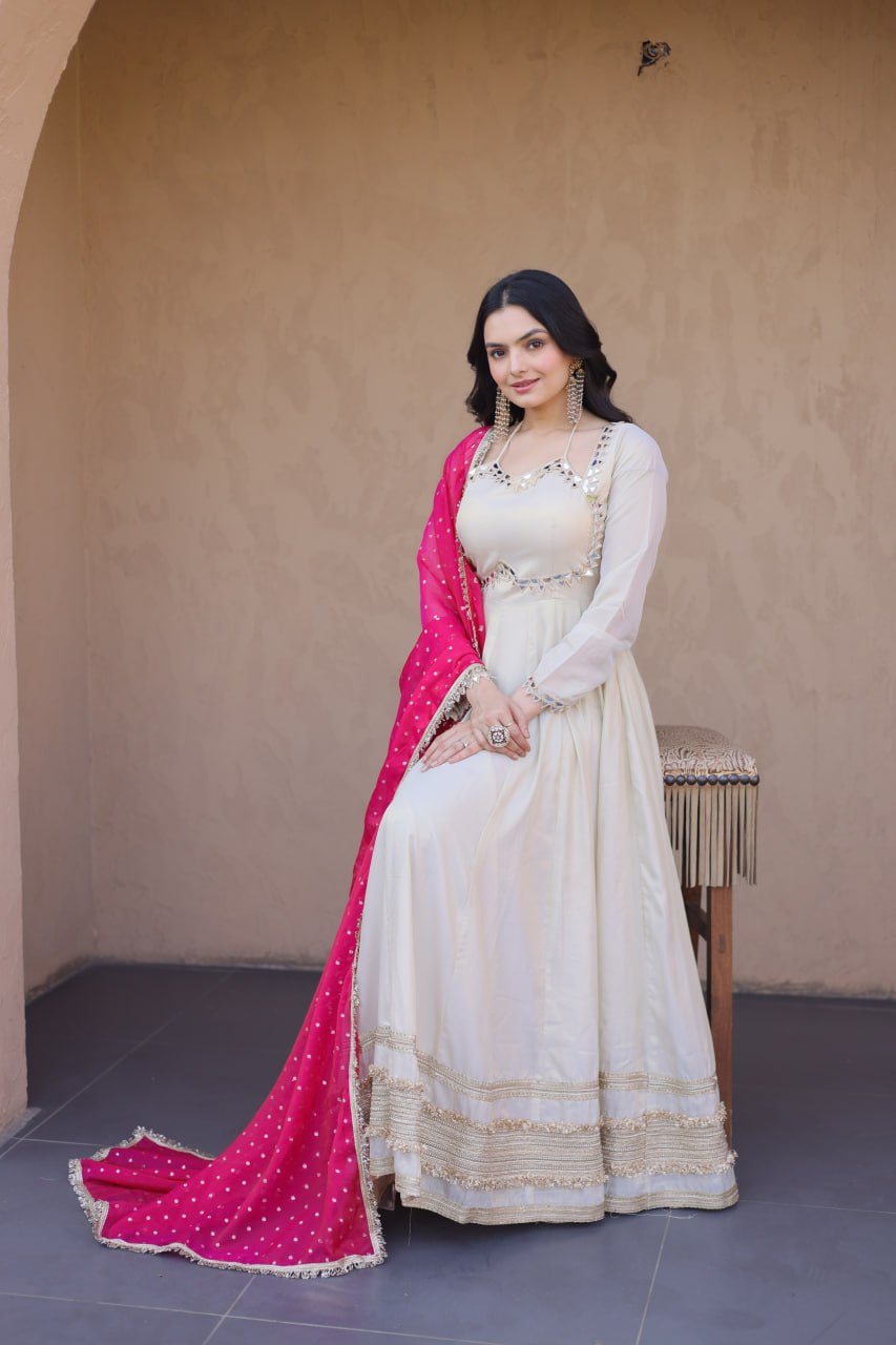 readymade cosmos with mirror work wholesale gown with dupatta