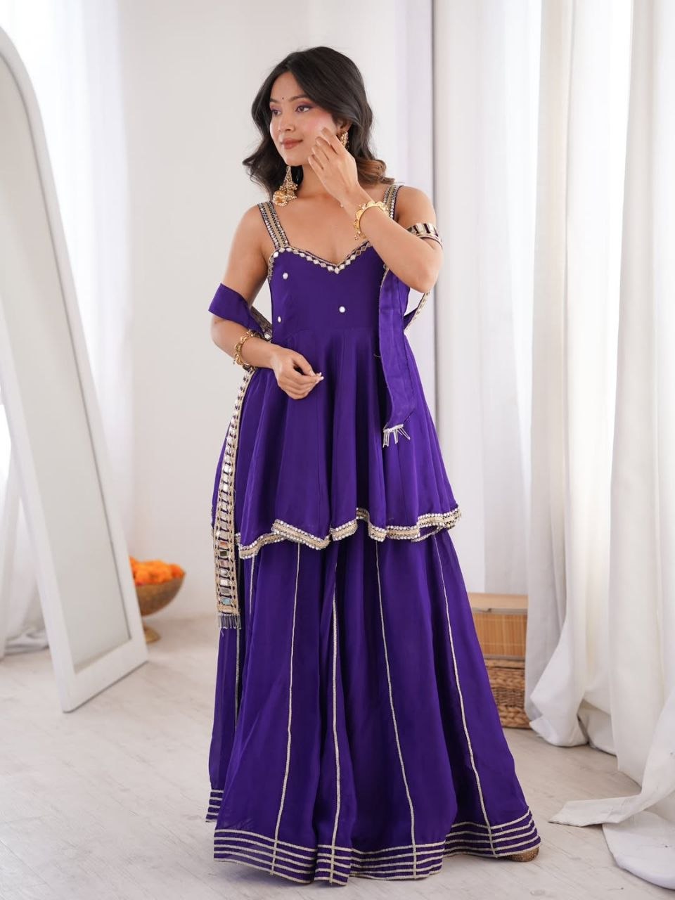Chinon Mirror Work Plazzo Set With Stylish Belt & Gota Patti Work