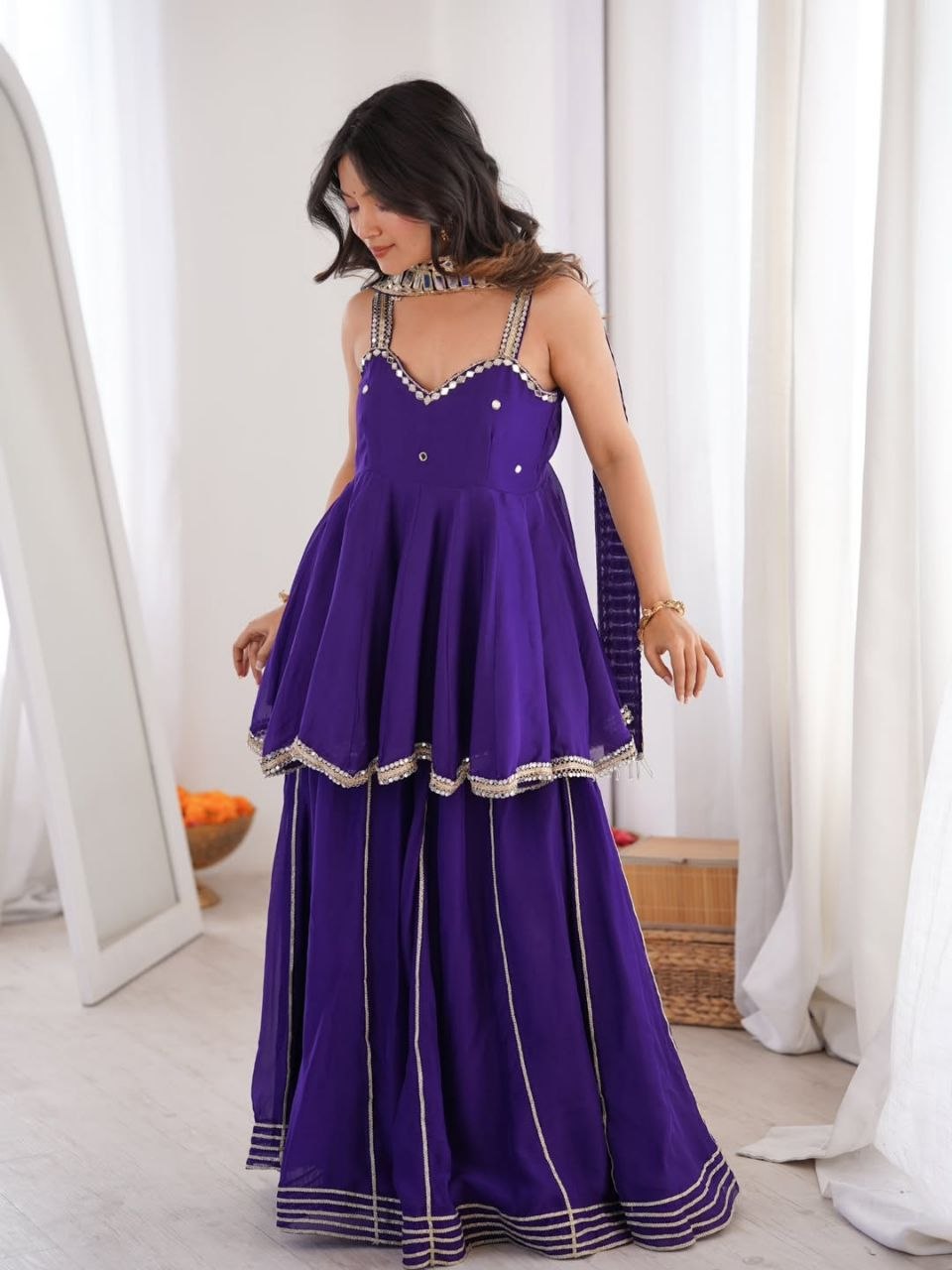 Chinon Mirror Work Plazzo Set With Stylish Belt & Gota Patti Work