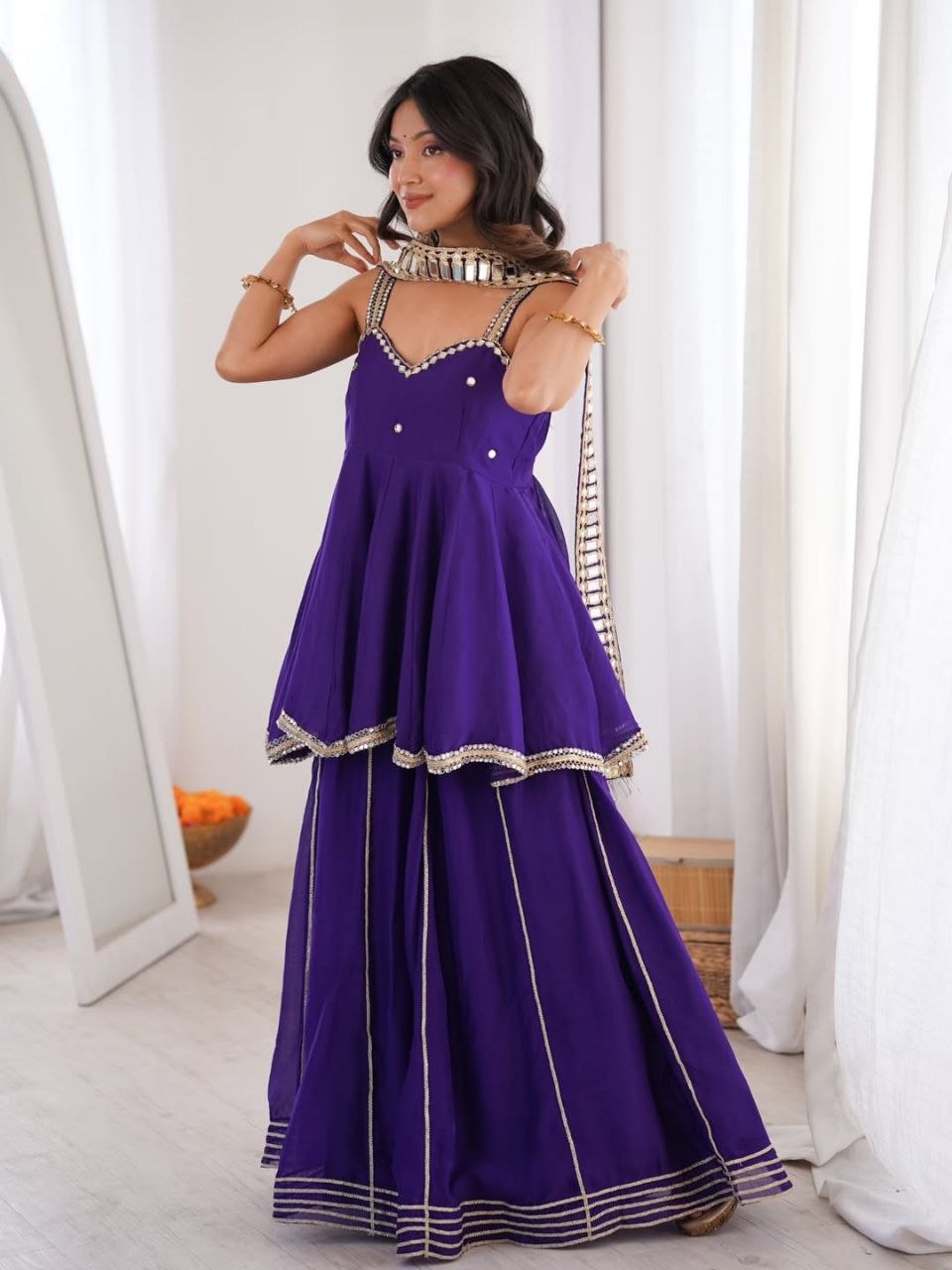 Chinon Mirror Work Plazzo Set With Stylish Belt & Gota Patti Work