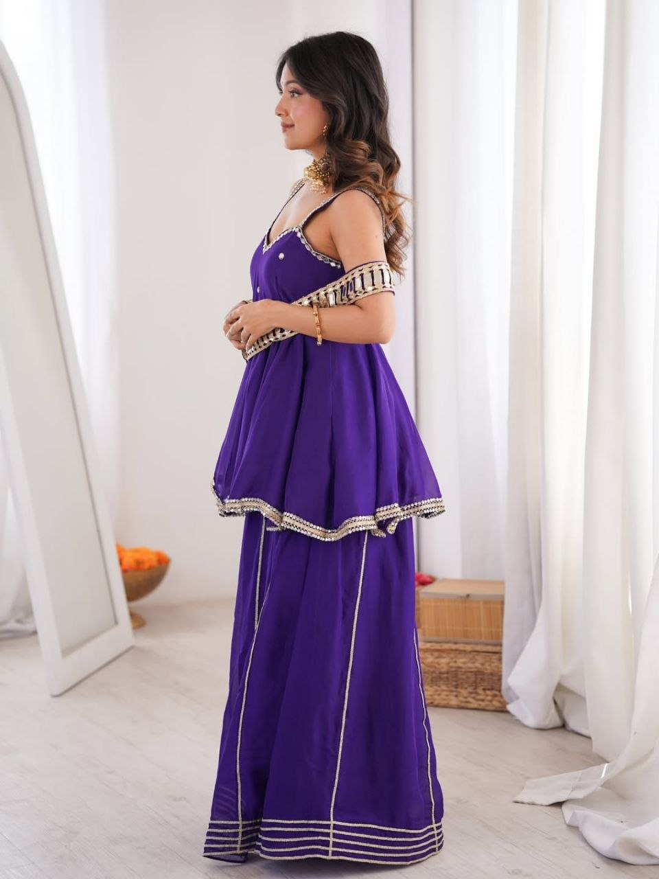 Chinon Mirror Work Plazzo Set With Stylish Belt & Gota Patti Work