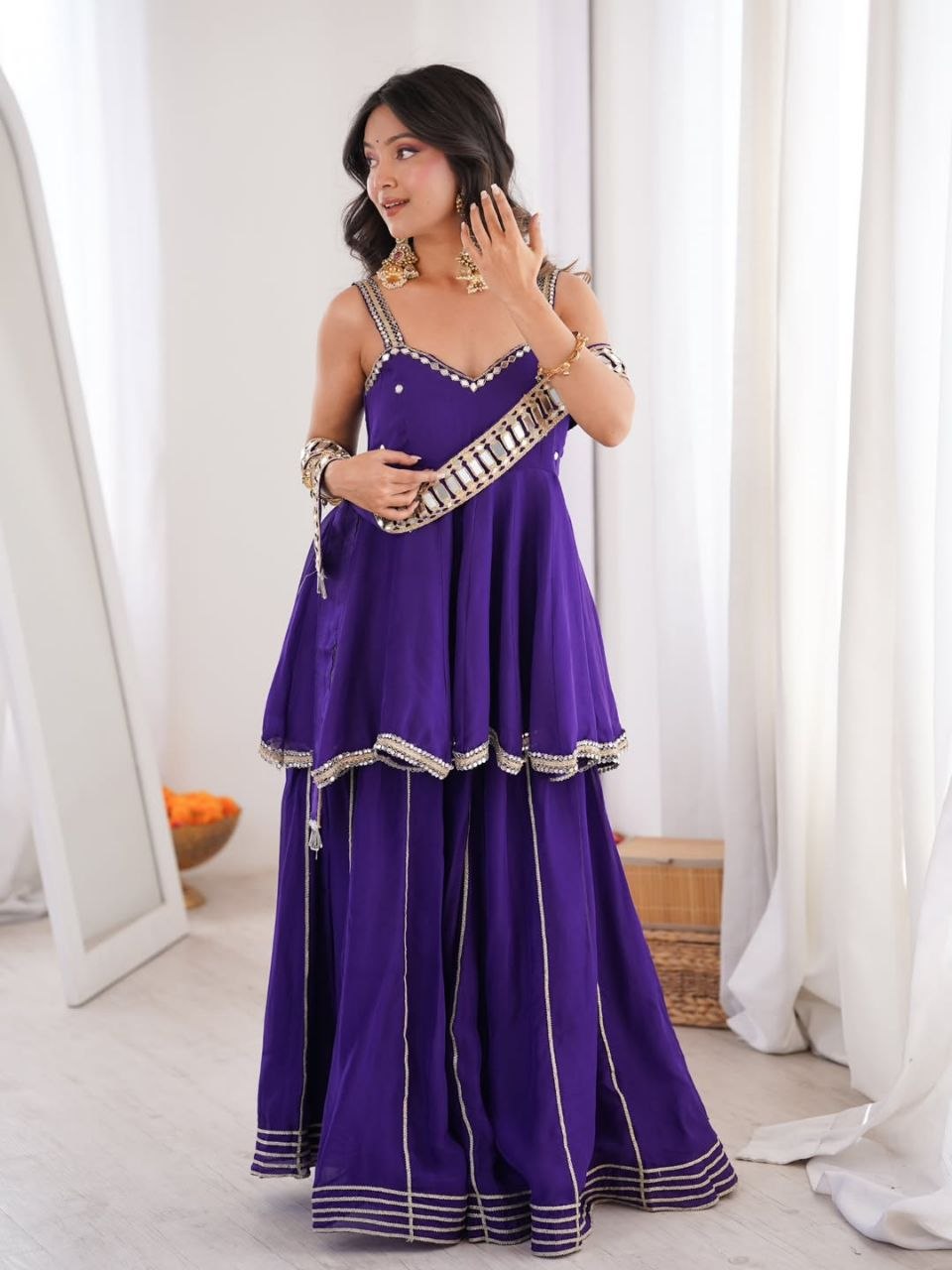 Chinon Mirror Work Plazzo Set With Stylish Belt & Gota Patti Work