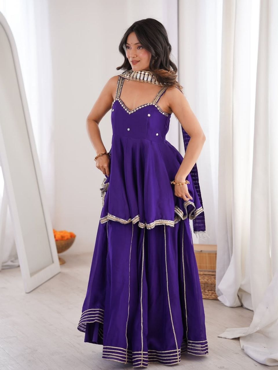 Chinon Mirror Work Plazzo Set With Stylish Belt & Gota Patti Work