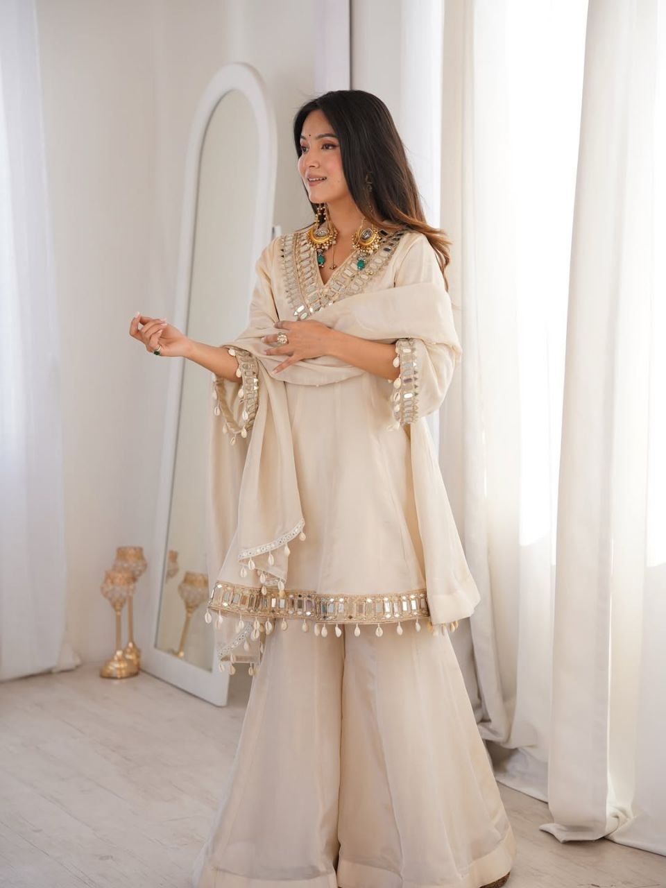 Instagram Viral Real Mirror Work Plazzo Set With Kodi Lace Dupatta For Festive Look