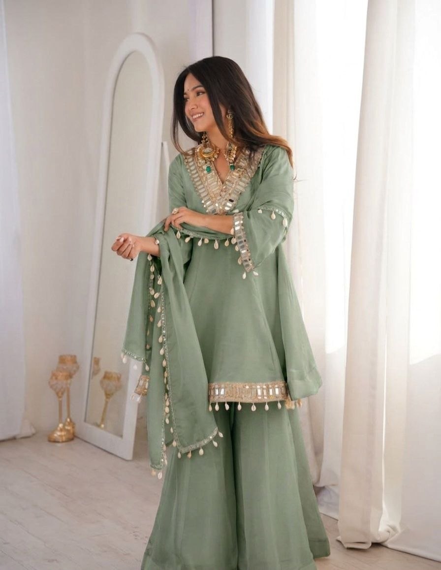 Instagram Viral Real Mirror Work Plazzo Set With Kodi Lace Dupatta For Festive Look