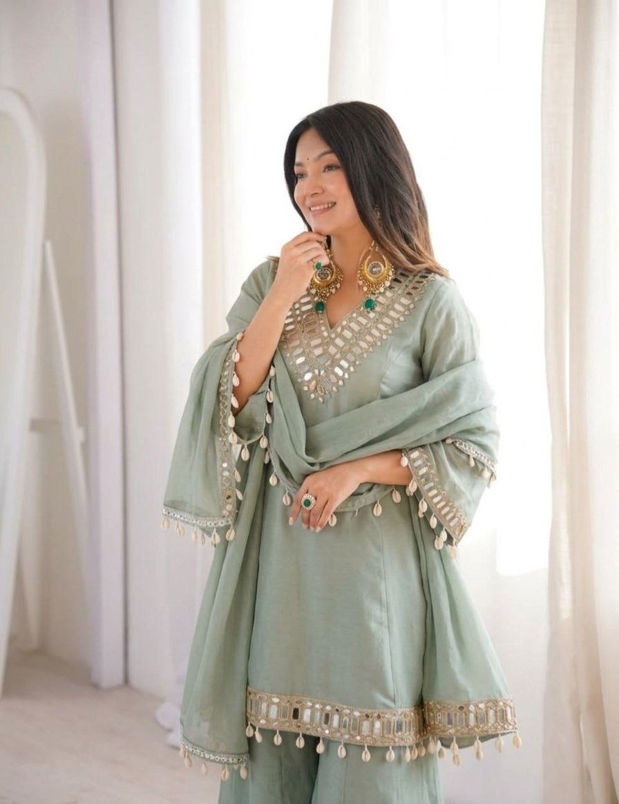 Instagram Viral Real Mirror Work Plazzo Set With Kodi Lace Dupatta For Festive Look