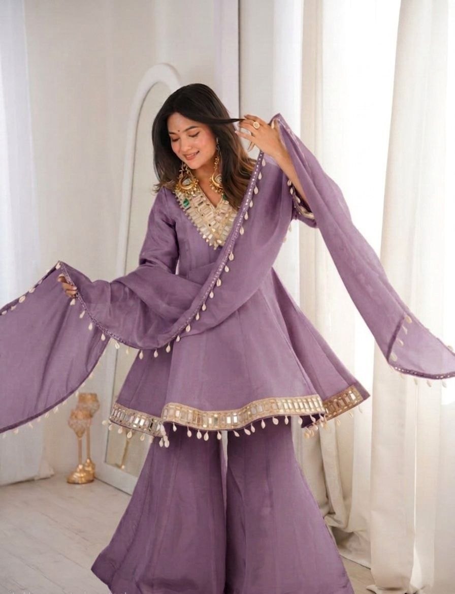 Instagram Viral Real Mirror Work Plazzo Set With Kodi Lace Dupatta For Festive Look