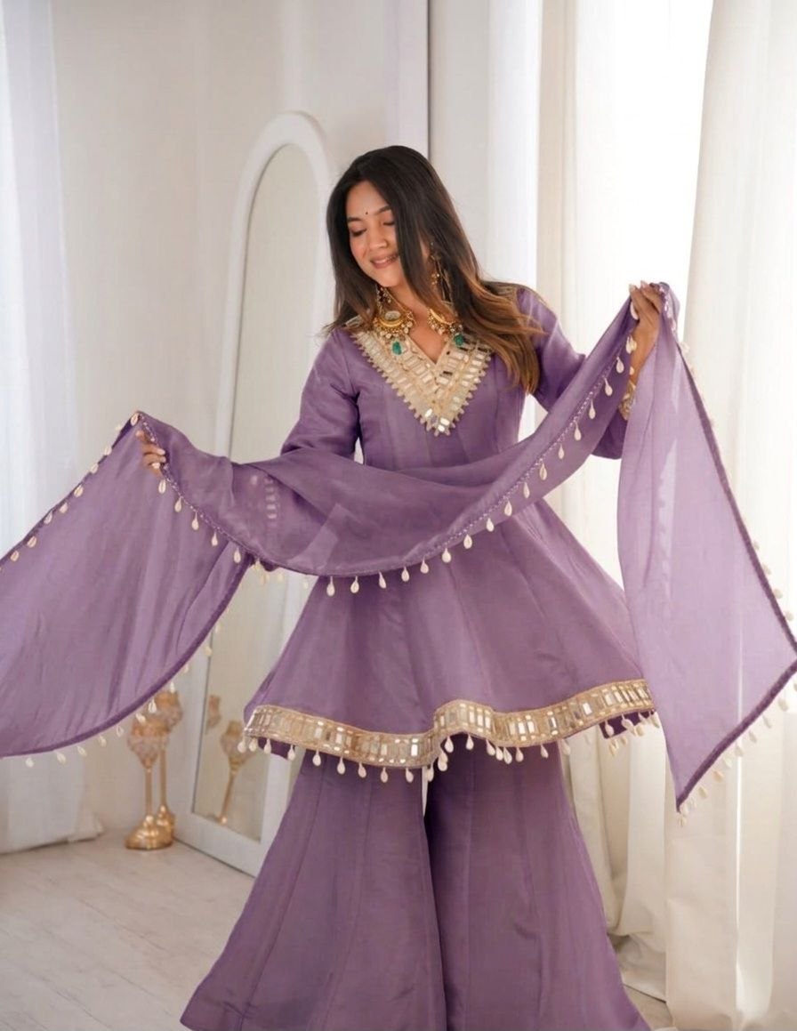 Instagram Viral Real Mirror Work Plazzo Set With Kodi Lace Dupatta For Festive Look
