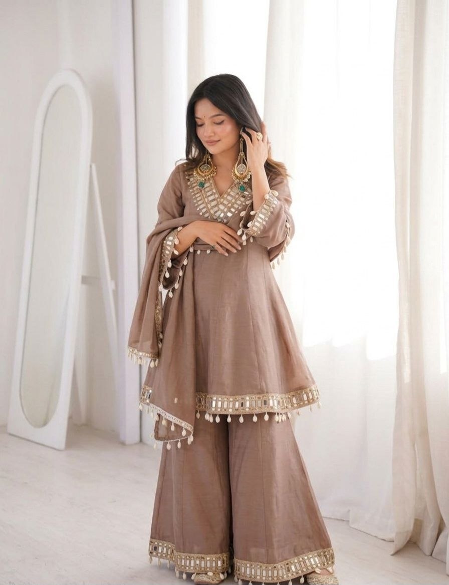 Instagram Viral Real Mirror Work Plazzo Set With Kodi Lace Dupatta For Festive Look