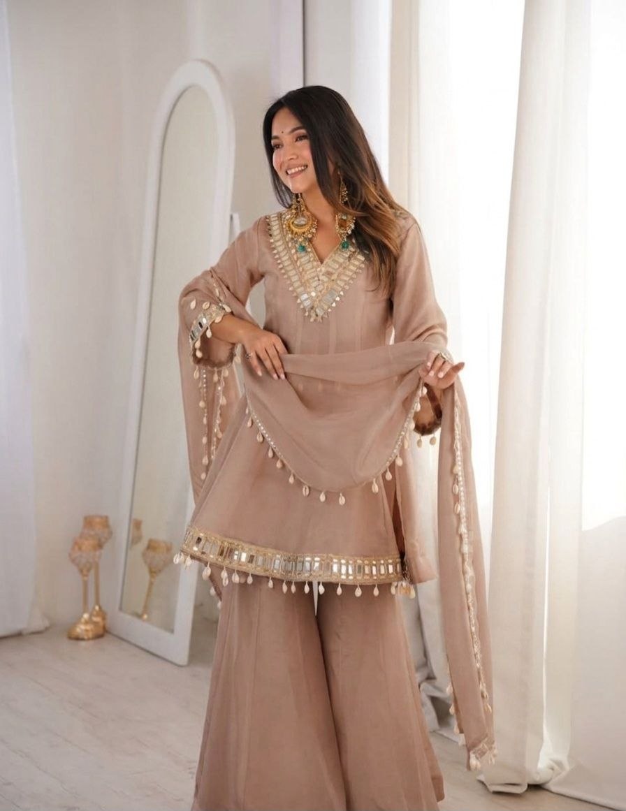 Instagram Viral Real Mirror Work Plazzo Set With Kodi Lace Dupatta For Festive Look