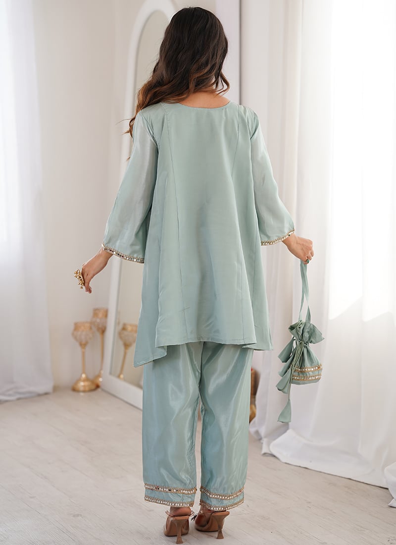 Radiant Sky Blue Silk Embroidered Mirror Work Kurta Straight Pant Set Festive Wear