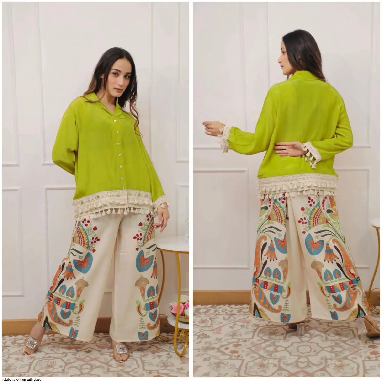 Rutaba Pure Rayon Green Co-ord Set with Digital Print Plazo