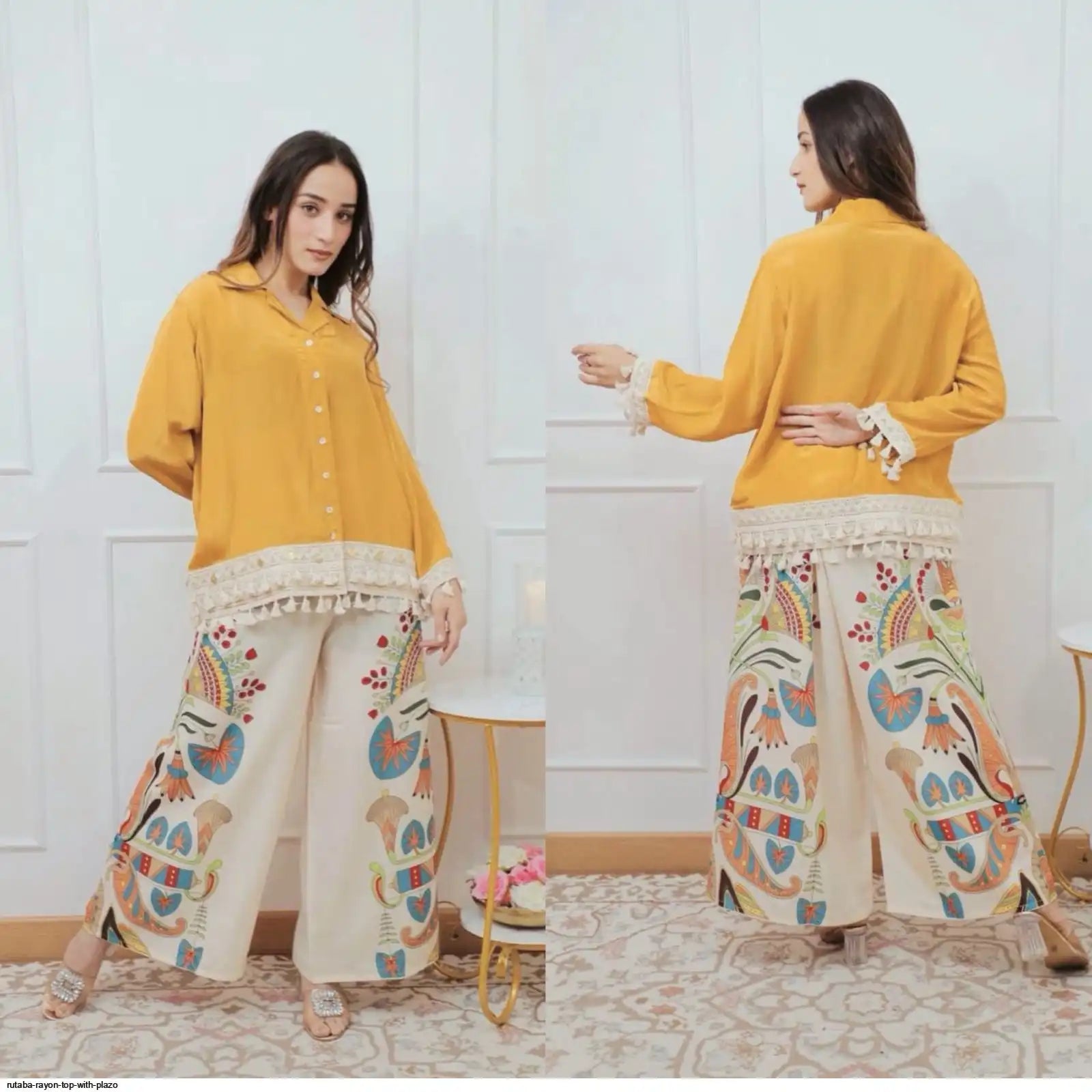 Rutaba Pure Rayon Yellow Co-ord Set with Digital Print Plazo