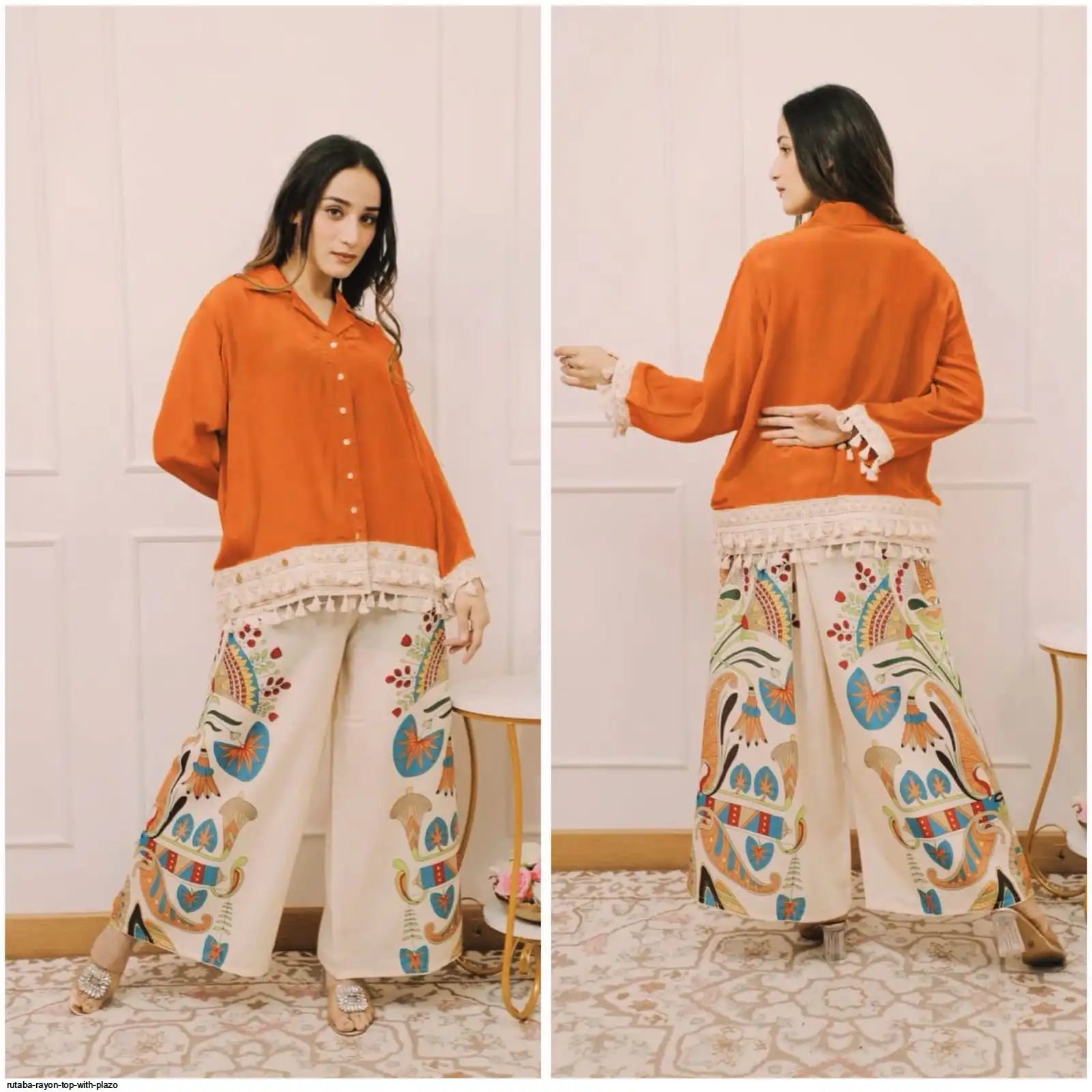 Rutaba Pure Rayon Orange Co-ord Set with Digital Print Plazo