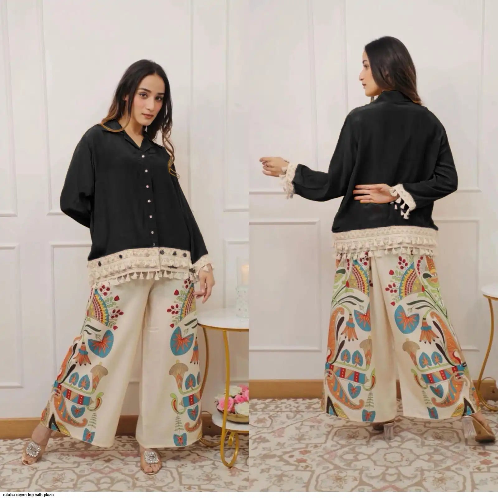 Rutaba Pure Rayon Black Co-ord Set with Digital Print Plazo