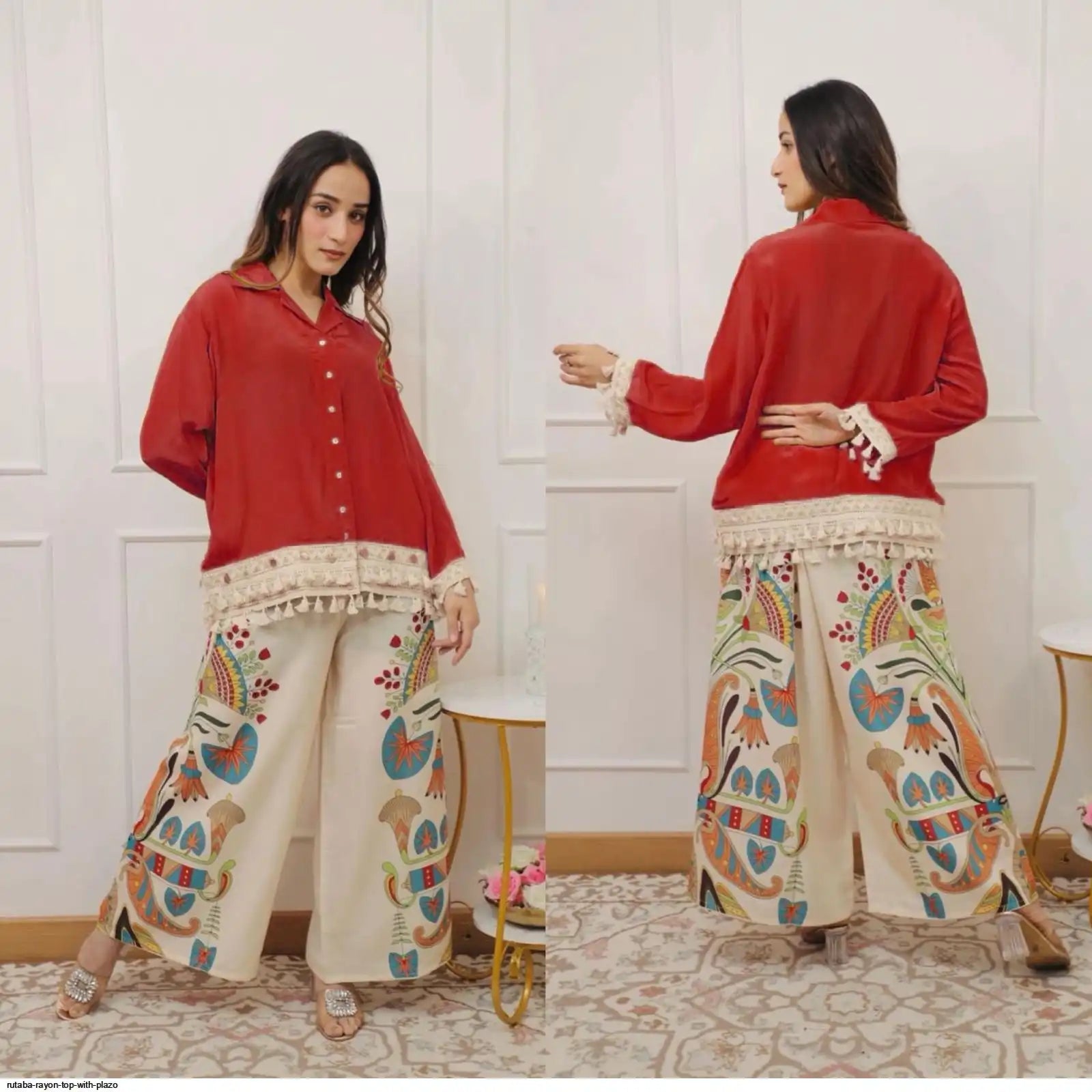 Rutaba Pure Rayon Red Co-ord Set with Digital Print Plazo