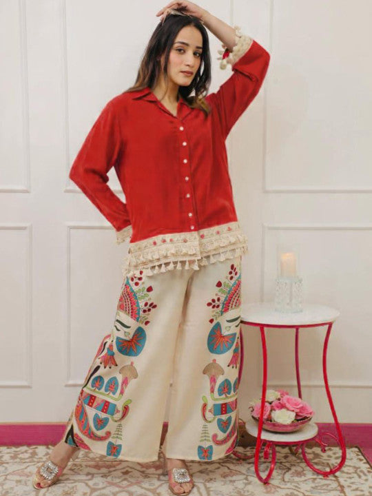 Rutaba Pure Rayon Red Co-ord Set with Digital Print Plazo