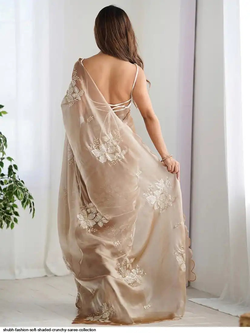 Elegant Golden Bloom Embroidered Designer Organza Saree for Women