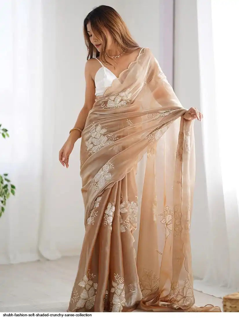 Elegant Golden Bloom Embroidered Designer Organza Saree for Women