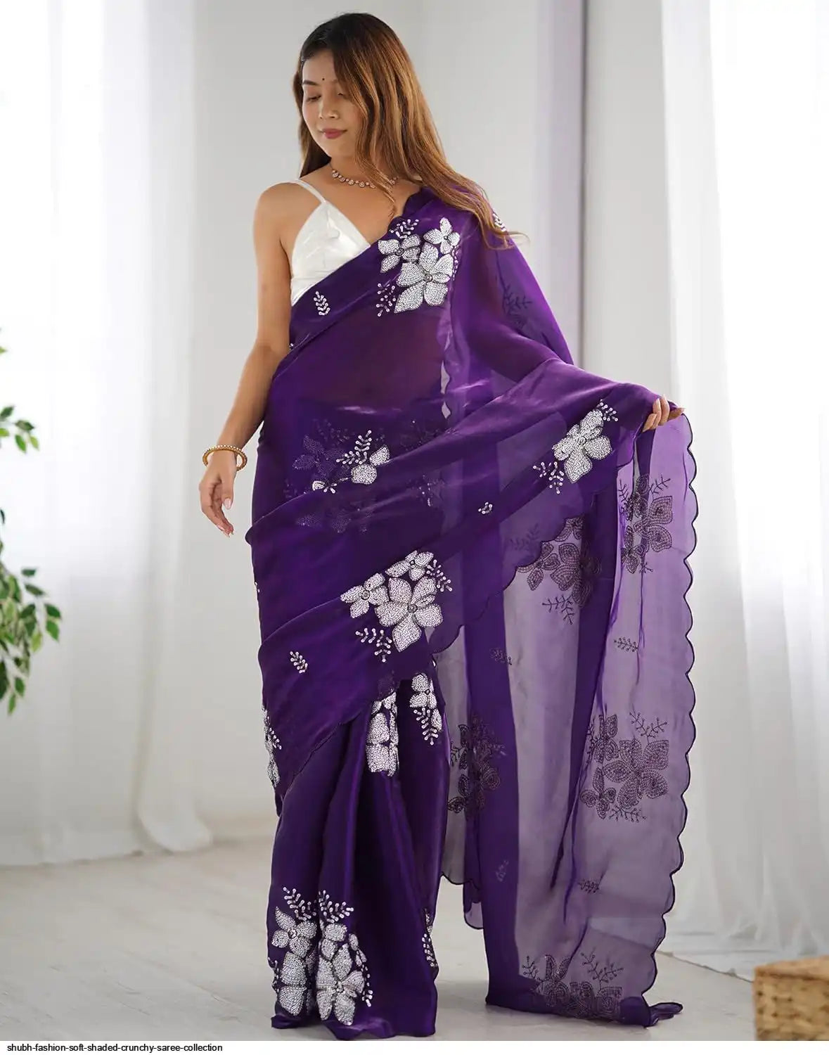 Elegant Golden Bloom Embroidered Designer Organza Saree for Women