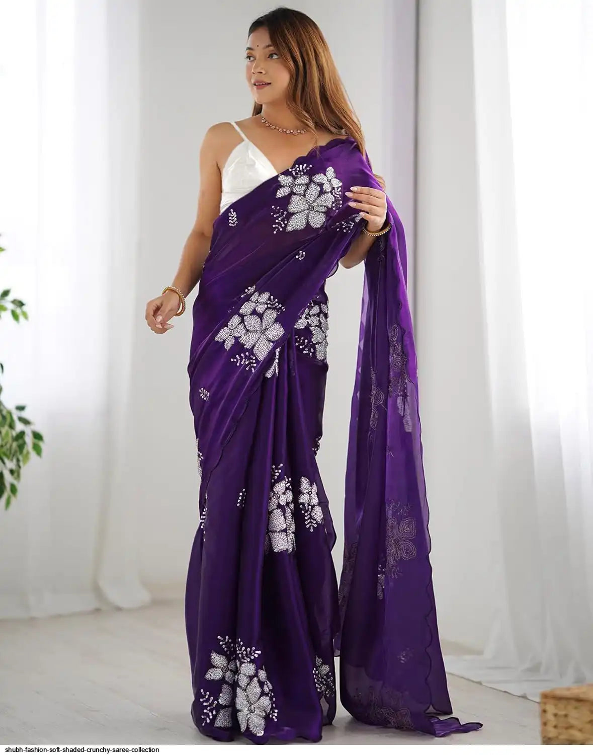 Elegant Golden Bloom Embroidered Designer Organza Saree for Women