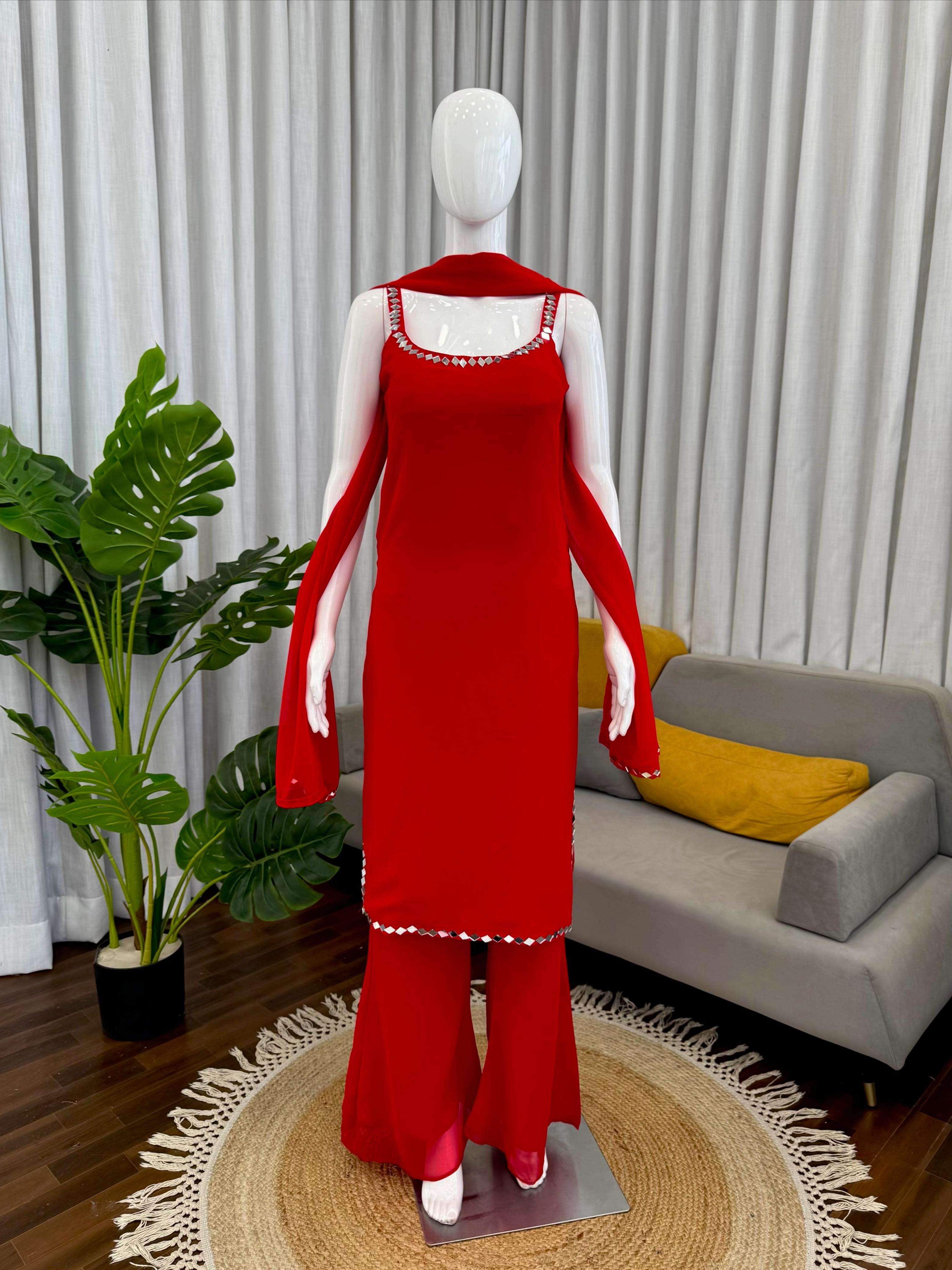 Red Color Faux Georgette With Real Mirror Work Bootcut Pent With Top And Dupatta