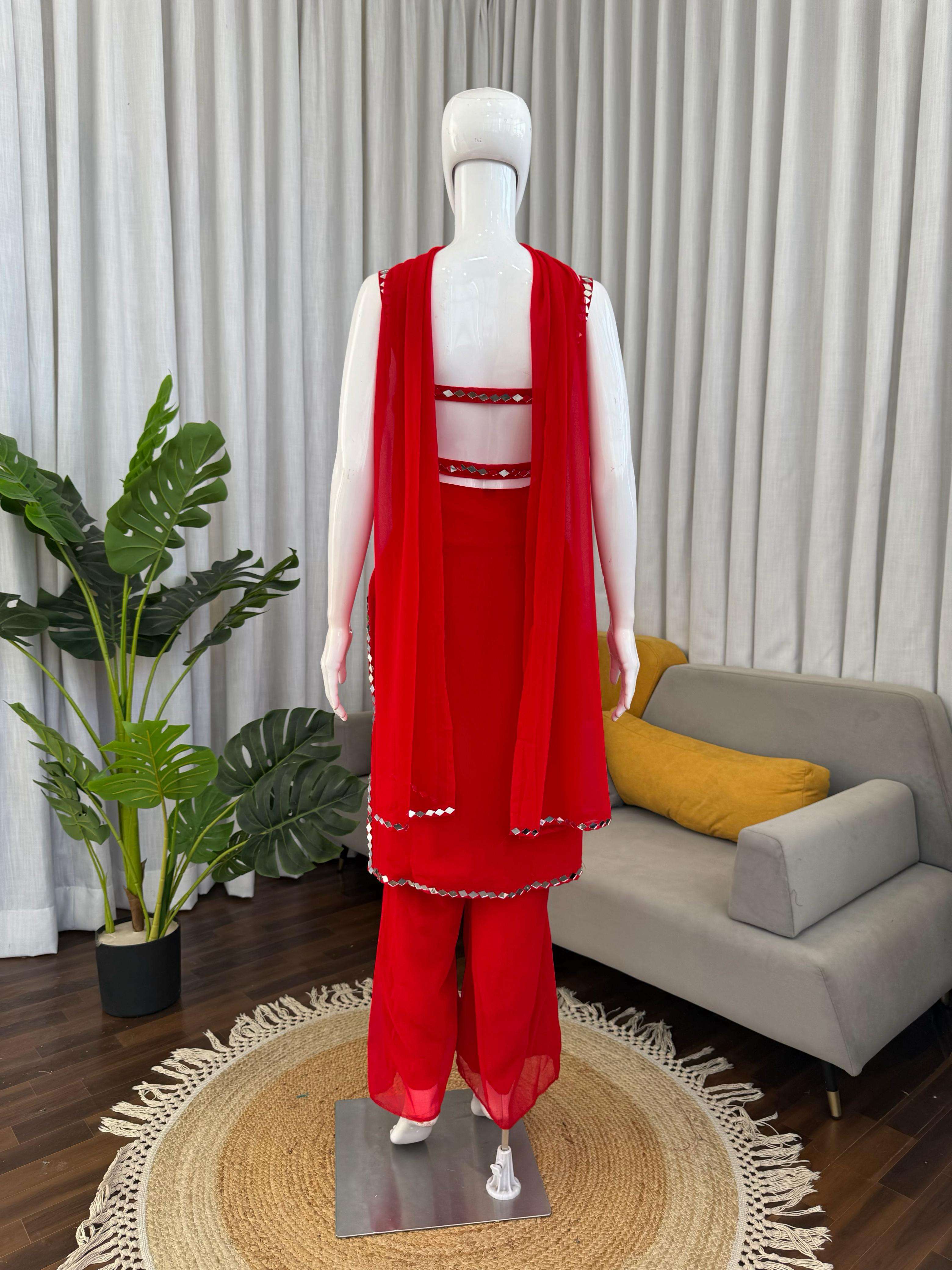 Red Color Faux Georgette With Real Mirror Work Bootcut Pent With Top And Dupatta
