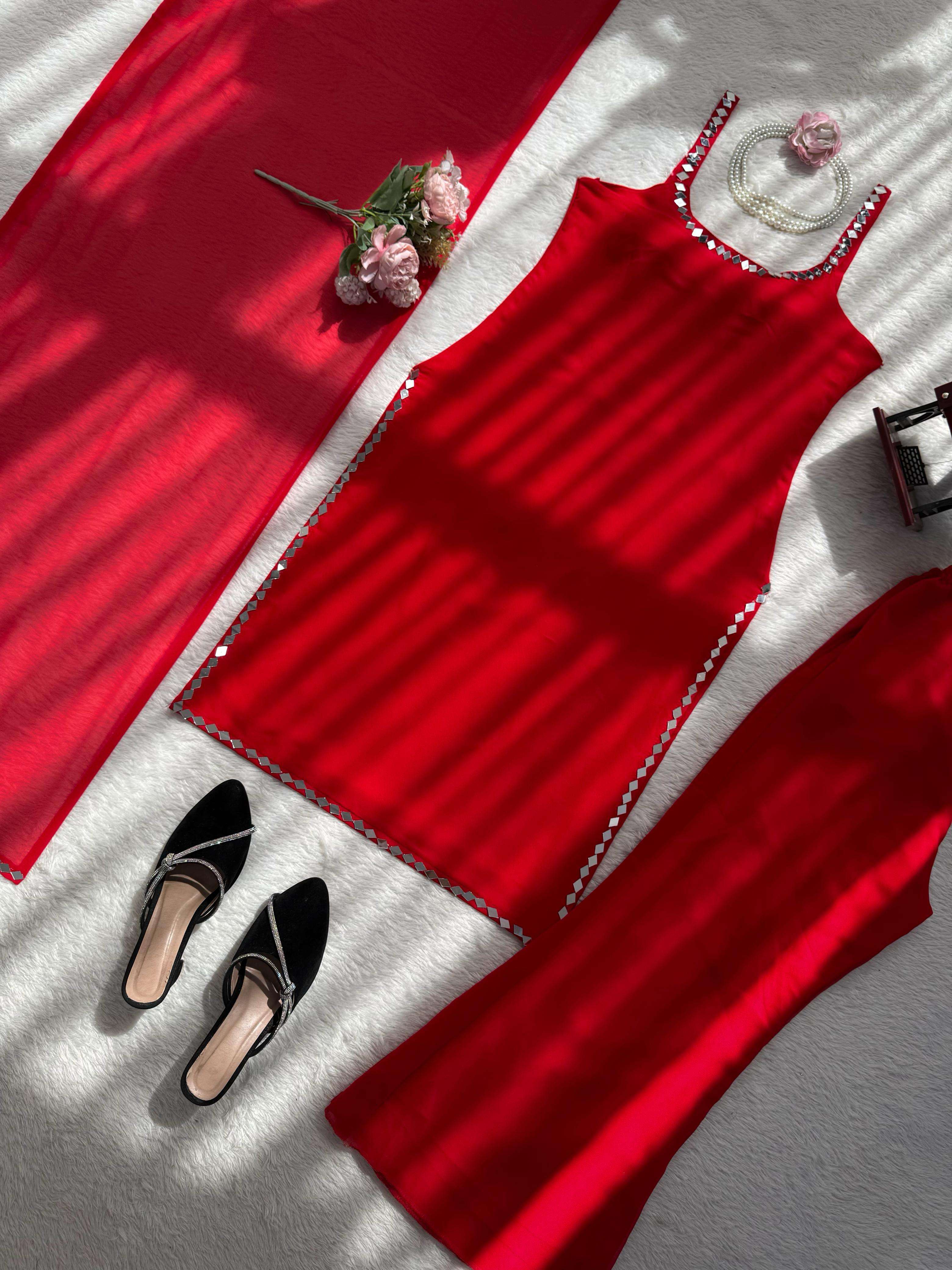 Red Color Faux Georgette With Real Mirror Work Bootcut Pent With Top And Dupatta