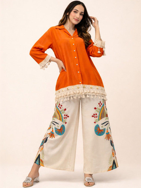 Rutaba Pure Rayon Orange Co-ord Set with Digital Print Plazo