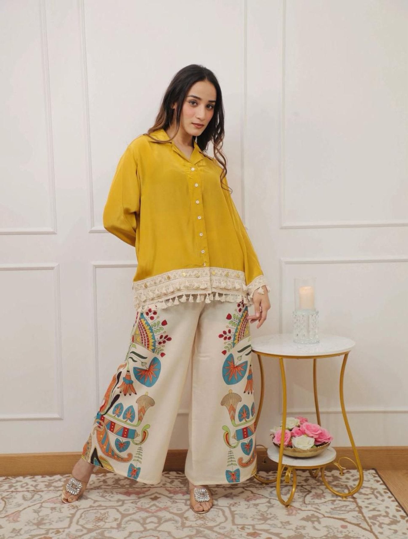 Rutaba Pure Rayon Yellow Co-ord Set with Digital Print Plazo