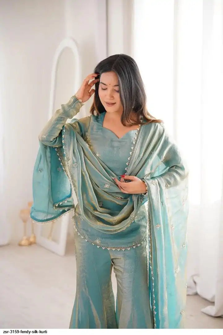Steel Green Fendy Silk Sharara Suit